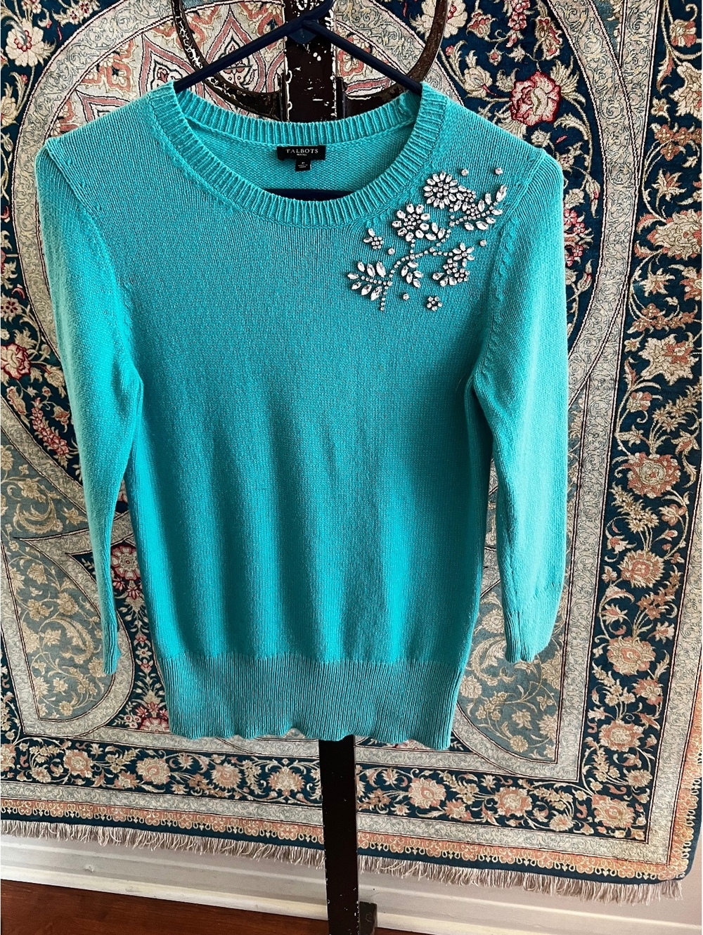Talbots Petite Turquoise Embellished Sweater Size P